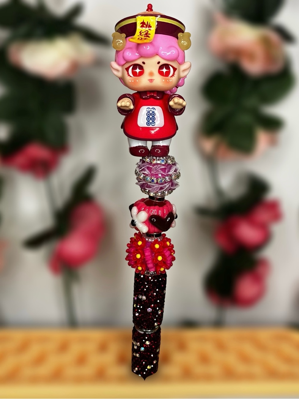 Migo Happy Ghost Player Upcycled Figure Topper Handmade Rhinestone Beaded Pen